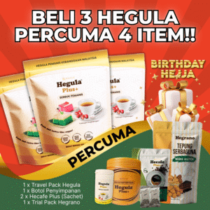 3 Pouch Hegula Percuma 1 Travel Pack Hegula, Trial Pack Hecafe Plus (2 Sachet), Trial Pack Hegrano (200 g), 1 Botol Penyimpanan